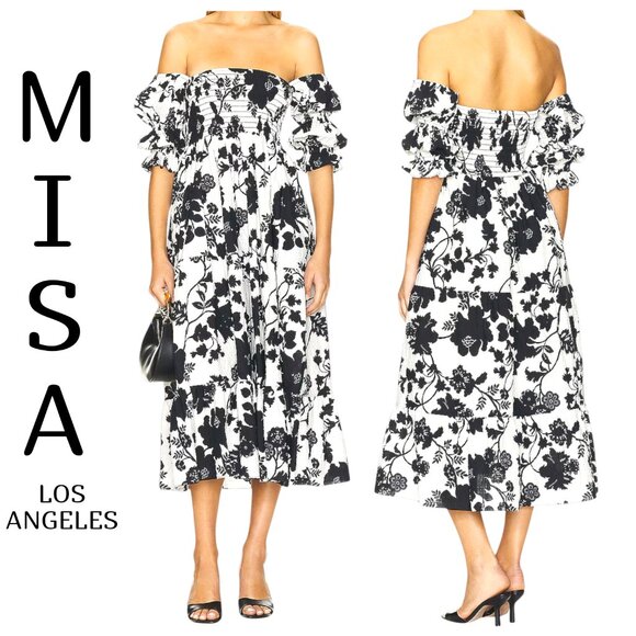 MISA Los Angeles Margarita Dress Black White Floral Smocked Puff Sleeve Midi M - Picture 1 of 10